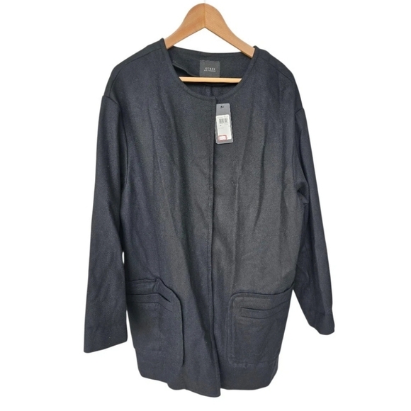 $157 Guess Wool Blend Long Jacket Women Medium Snap Buttons Black Pocket New - Picture 1 of 14